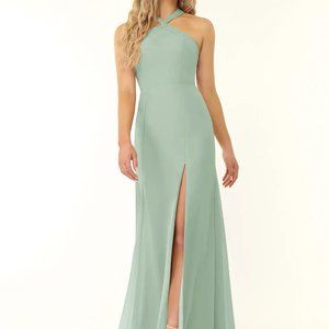 Azazie Rue Bridesmaid Dress, Agave, Size A10, Never Hemmed, Halter Neck, Chiffon